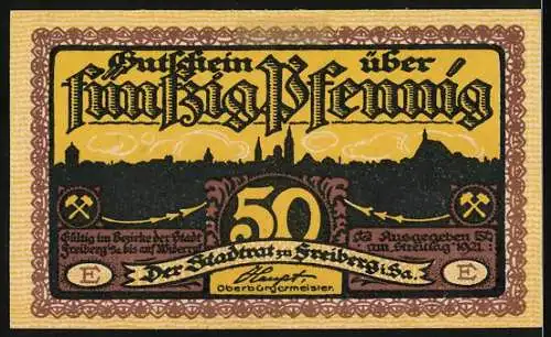 Notgeld Freiberg 1921, 50 Pfennig, Bergmannsumzug und Stadtansicht, gelb-braun-schwarz