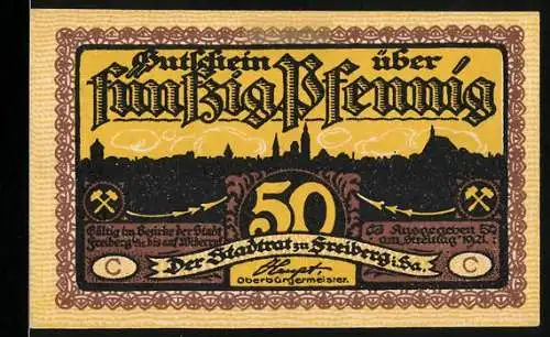 Notgeld Freiberg 1921, 50 Pfennig, Bergmannsmotive und Stadtsilhouette