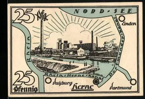 Notgeld Herne, 1921, 25 Pfennig, Industrielandschaft und Ritter mit Schwert