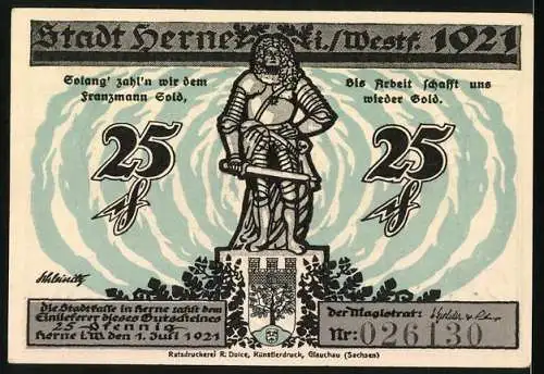 Notgeld Herne, 1921, 25 Pfennig, Industrielandschaft und Ritter mit Schwert