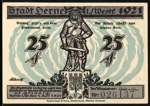 Notgeld Herne 1921, 25 Pfennig, Ritter- und Stadtszene mit Rhein-Herne-Kanal