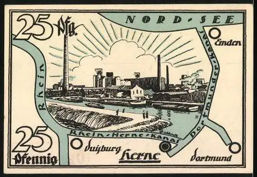 Notgeld Herne 1921, 25 Pfennig, Ritter- und Stadtszene mit Rhein-Herne-Kanal