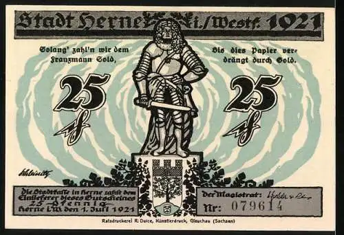 Notgeld Herne, 1921, 25 Pfennig, Rhein-Herne-Kanal und Statue eines Ritters