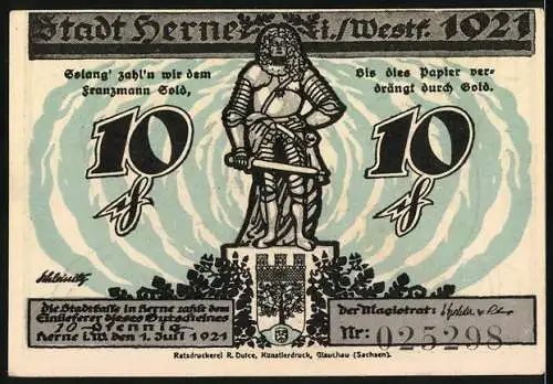 Notgeld Herne 1921, 10 Pfennig, Rhein-Herne-Kanal und Kriegerstatue