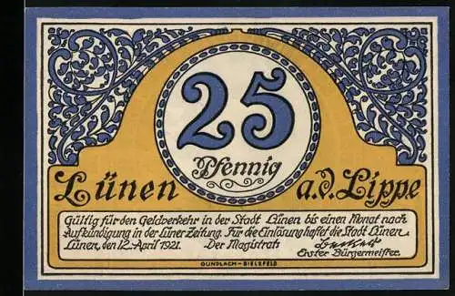 Notgeld Lünen 1921, 25 Pfennig, mit Bergmann und Wappen