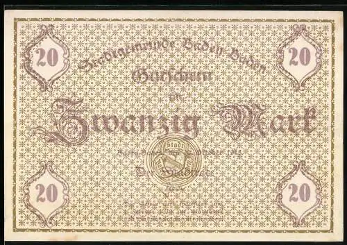 Notgeld Baden-Baden 1918, Zwanzig Mark, Vier Zahlen 20 in Ornamenten, Muster Hintergrund