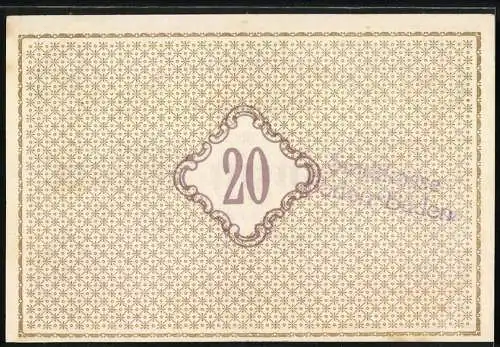 Notgeld Baden-Baden 1918, Zwanzig Mark, Vier Zahlen 20 in Ornamenten, Muster Hintergrund