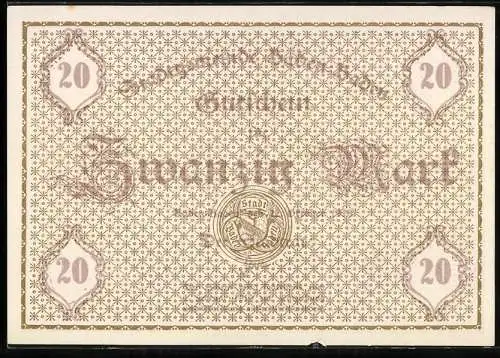 Notgeld Baden-Baden 1918, 20 Mark, geometrisches Muster mit Adler-Emblem und Wertangabe 20