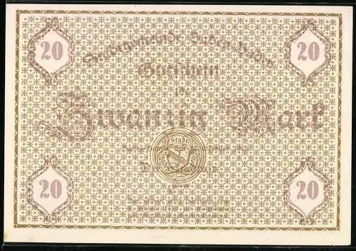 Notgeld Baden-Baden 1918, 20 Mark, beige Hintergrund mit brauner Schrift und Stadtwappen, Rückseite geometrisches Muster