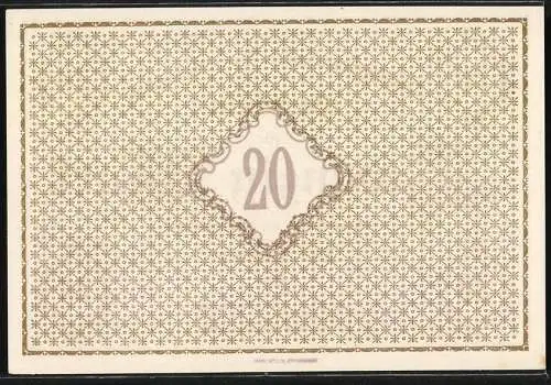 Notgeld Baden-Baden 1918, 20 Mark, beige Hintergrund mit brauner Schrift und Stadtwappen, Rückseite geometrisches Muster