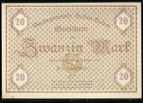 Notgeld Baden-Baden 1918, 20 Mark, braunes Gittermuster mit Stadtwappen und Wertangabe