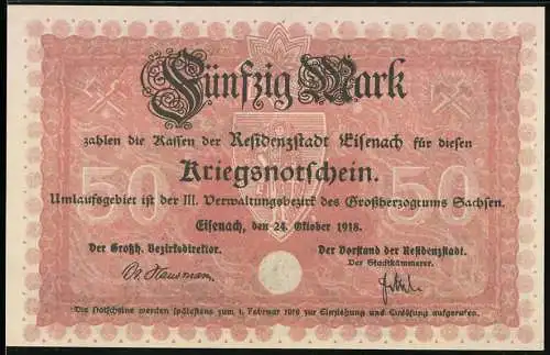 Notgeld Eisenach 1918, 50 Mark, Kriegsnotgeldschein mit Stadtansicht und Seriennummer 11739