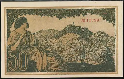 Notgeld Eisenach 1918, 50 Mark, Kriegsnotgeldschein mit Stadtansicht und Seriennummer 11739