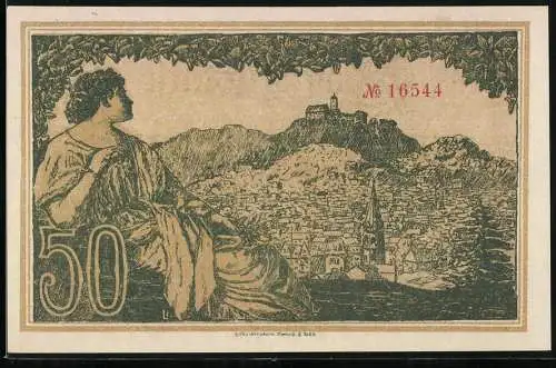 Notgeld Eisenach, 1918, 50 Mark, Kriegsnotgeld mit Stadtansicht und Frau, Seriennummer 16544