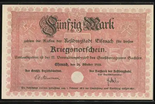 Notgeld Eisenach, 1918, 50 Mark, Kriegsnotgeld mit Stadtansicht und Frau, Seriennummer 16544