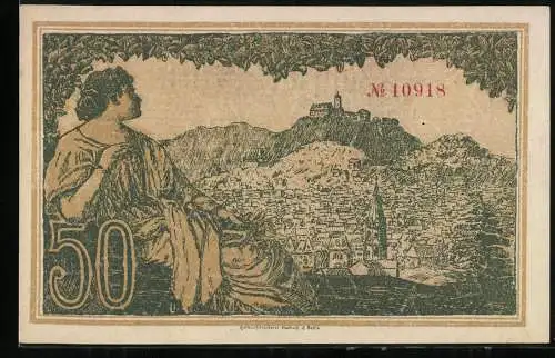 Notgeld Eisenach, 1918, 50 Mark, Stadtansicht mit Frau und rotem Textmuster