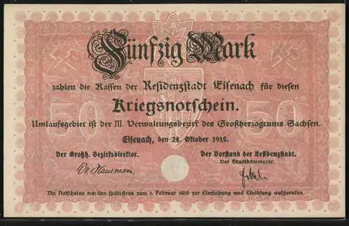 Notgeld Eisenach, 1918, 50 Mark, Stadtansicht mit Frau und rotem Textmuster