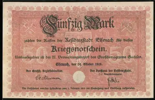 Notgeld Eisenach 1918, 50 Mark, Kriegsnotschein mit Stadtansicht und sitzender Frau, Seriennummer 09737