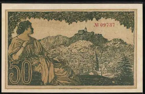 Notgeld Eisenach 1918, 50 Mark, Kriegsnotschein mit Stadtansicht und sitzender Frau, Seriennummer 09737