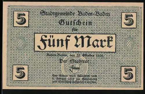 Notgeld Baden-Baden 1918, 5 Mark, Gutschein der Stadtgemeinde Baden-Baden