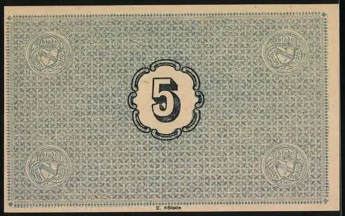 Notgeld Baden-Baden 1918, 5 Mark, Gutschein der Stadtgemeinde Baden-Baden