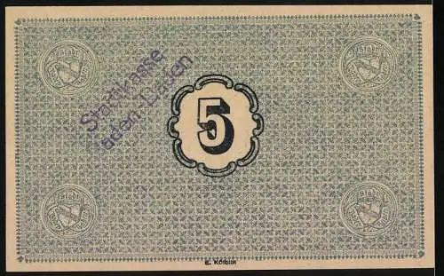 Notgeld Baden-Baden 1918, 5 Mark, Gutschein der Stadtgemeinde Baden-Baden, blaues Muster mit Wertangabe