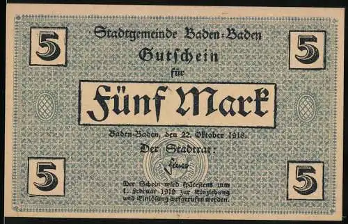 Notgeld Baden-Baden 1918, 5 Mark, Gutschein der Stadtgemeinde, Rückseite mit dekorativem Muster