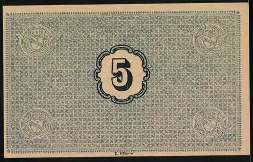 Notgeld Baden-Baden 1918, 5 Mark, Gutschein der Stadtgemeinde, Rückseite mit dekorativem Muster