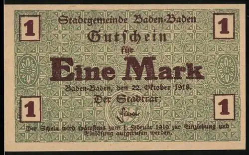 Notgeld Baden-Baden 1918, 1 Mark, grüne Verzierung mit roter Schrift und Stadtwappen