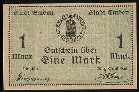 Notgeld Emden, 1919, 1 Mark, Gutschein über Eine Mark mit Stadtwappen und Siegel der Stadt Emden