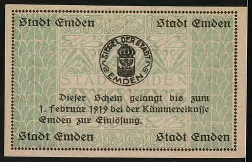 Notgeld Emden, 1919, 1 Mark, Gutschein über Eine Mark mit Stadtwappen und Siegel der Stadt Emden