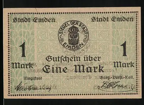 Notgeld Emden, 1919, 1 Mark, Gutschein über eine Mark mit Stadtwappen und Unterschriften