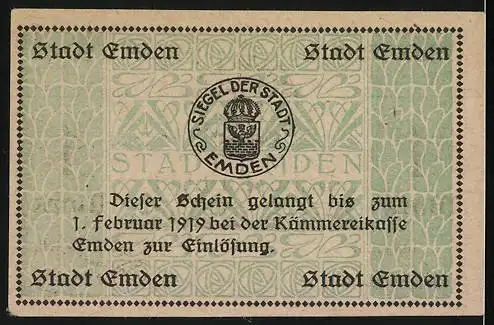 Notgeld Emden, 1919, 1 Mark, Gutschein über Eine Mark mit Stadtsiegel und Unterschriften