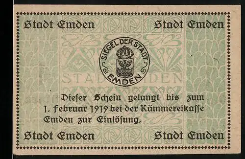 Notgeld Emden, 1919, 1 Mark, Gutschein über Eine Mark mit Stadtwappen und Siegel der Stadt Emden