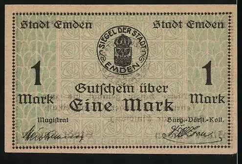 Notgeld Emden, 1919, 1 Mark, Gutschein über Eine Mark mit Stadtwappen und Siegel der Stadt Emden