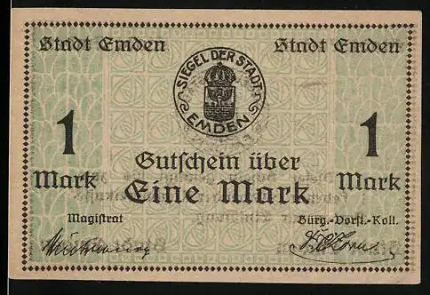 Notgeld Emden, 1919, 1 Mark, Gutschein über Eine Mark mit Siegel der Stadt Emden und Gültigkeit bis 1. Februar 1919