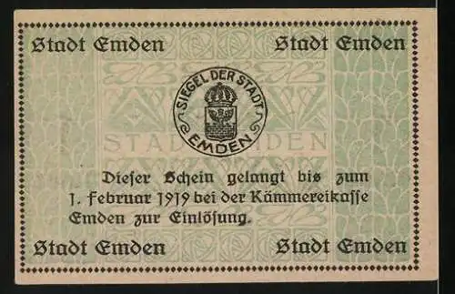 Notgeld Emden, 1919, 1 Mark, Gutschein über Eine Mark mit Siegel der Stadt Emden und Gültigkeit bis 1. Februar 1919