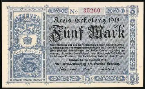 Notgeld Erkelenz 1918, Fünf Mark, blaues Muster mit Wappen und Schutzpatronin auf der Rückseite