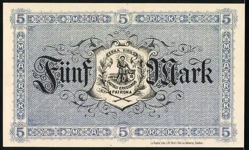 Notgeld Erkelenz 1918, Fünf Mark, blaues Muster mit Wappen und Schutzpatronin auf der Rückseite