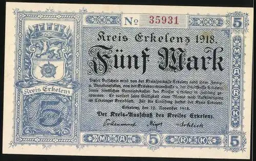 Notgeld Erkelenz 1918, Fünf Mark, Wappen und dekorative Umrandung