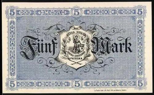 Notgeld Erkelenz, 1918, 5 Mark, Wappen und Inschrift, Seriennummer 46850