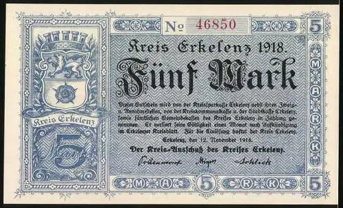 Notgeld Erkelenz, 1918, 5 Mark, Wappen und Inschrift, Seriennummer 46850