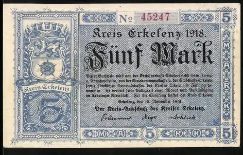 Notgeld Erkelenz 1918, Fünf Mark, Wappen und Seriennummer 45247