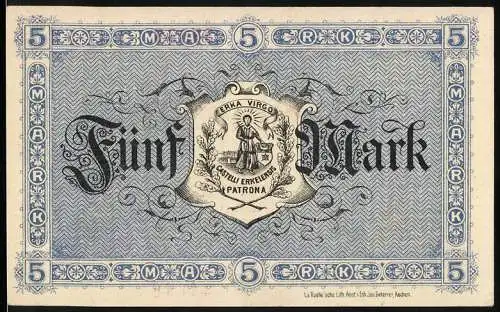 Notgeld Erkelenz 1918, 5 Mark, Wappen und Schriftzug in Blau und Schwarz