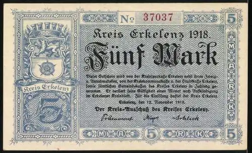 Notgeld Erkelenz 1918, 5 Mark, Wappen und Schriftzug in Blau und Schwarz