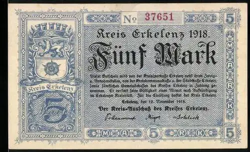 Notgeld Erkelenz 1918, Fünf Mark, Nummer 37651, blaues Design mit Wappen und Schutzpatronin