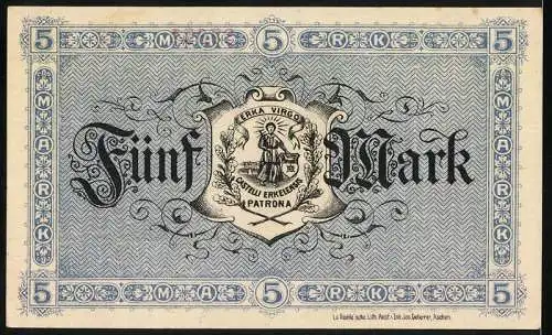 Notgeld Erkelenz 1918, Fünf Mark, Nummer 37651, blaues Design mit Wappen und Schutzpatronin