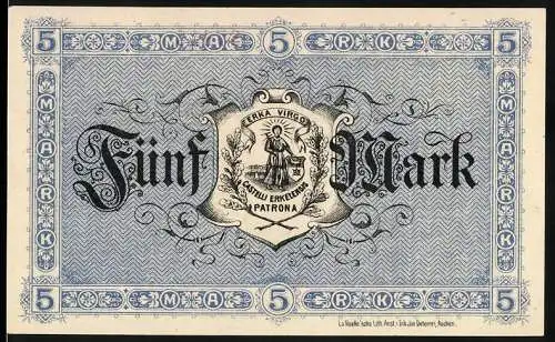 Notgeld Erkelenz 1918, 5 Mark, blaues Design mit Wappen und lateinischem Schriftzug