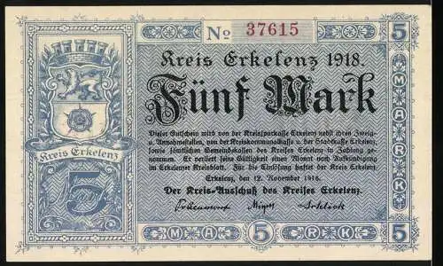 Notgeld Erkelenz 1918, 5 Mark, blaues Design mit Wappen und lateinischem Schriftzug