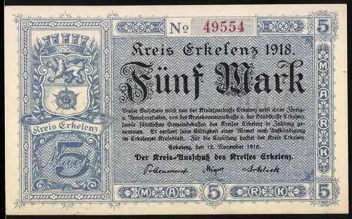 Notgeld Erkelenz 1918, Fünf Mark, Kreis-Ausschuss des Kreises Erkelenz, Seriennummer 49554, Ziert Löwe und Stadtwappen